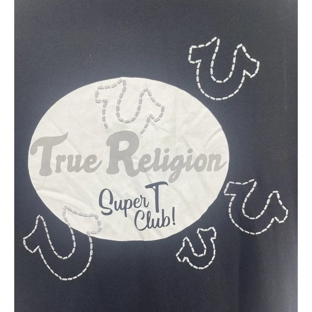 True Religion T-Shirt Mens Lg Black Super T Club Graphic Horseshoe Hip Hop Y2K